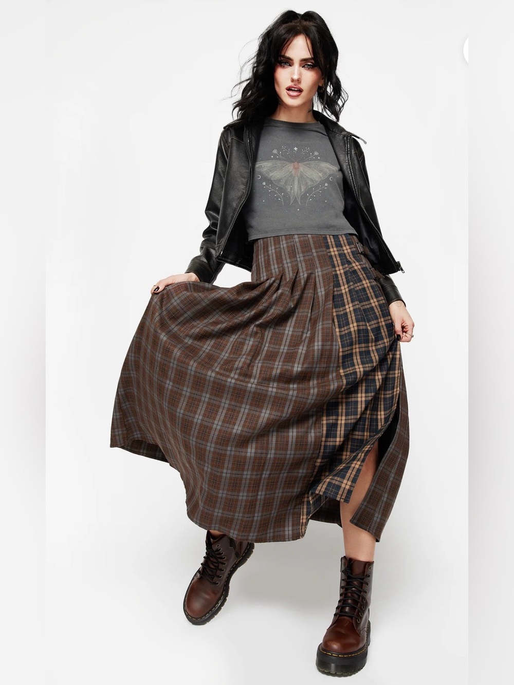 NWT Disturbia Raven Pleated Check Buckle Detail Maxi Skirt size 6